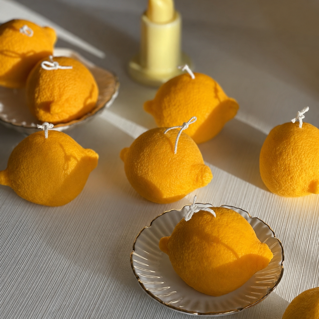 Yellow lemon-shaped candles arranged on a light surface with a twisted yellow candle in the background.
