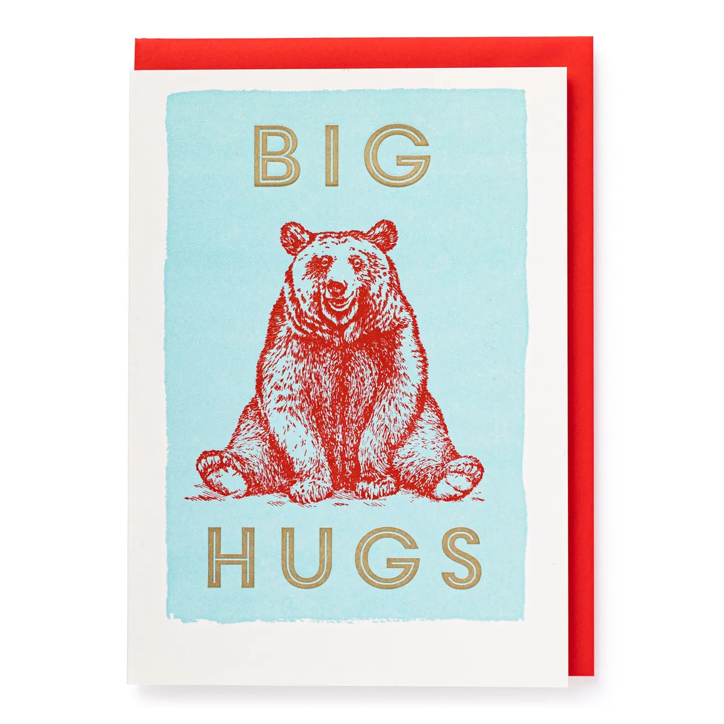 Card with a bear illustration and 'BIG HUGS' text on a light blue background with red border