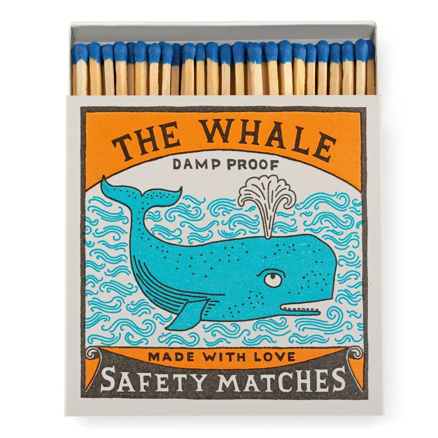 Matches box with whale design and text 'The Whale Safety Matches' on an orange background