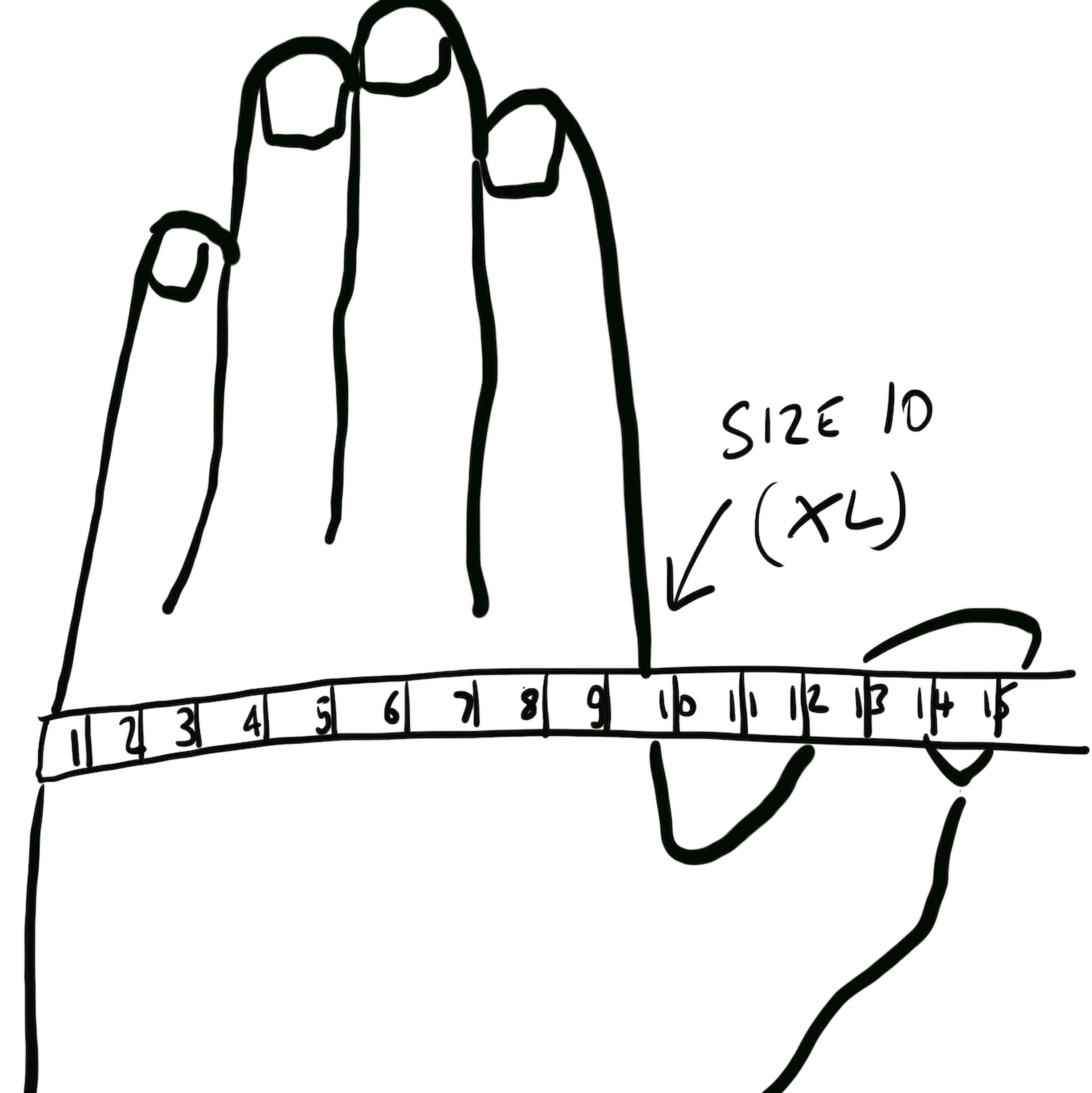 A simple black line drawing of a hand with a measuring tape wrapped around the wrist, plus handwritten text reading 'SIZE 10 (XL)'.