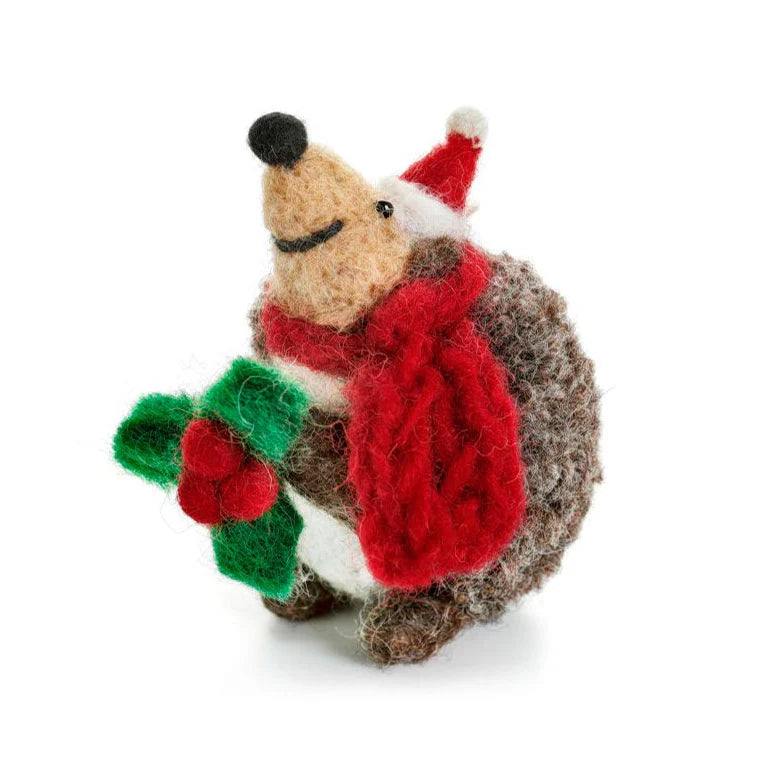 Hedgehog with Holly Sprig | Felt Christmas Decoration