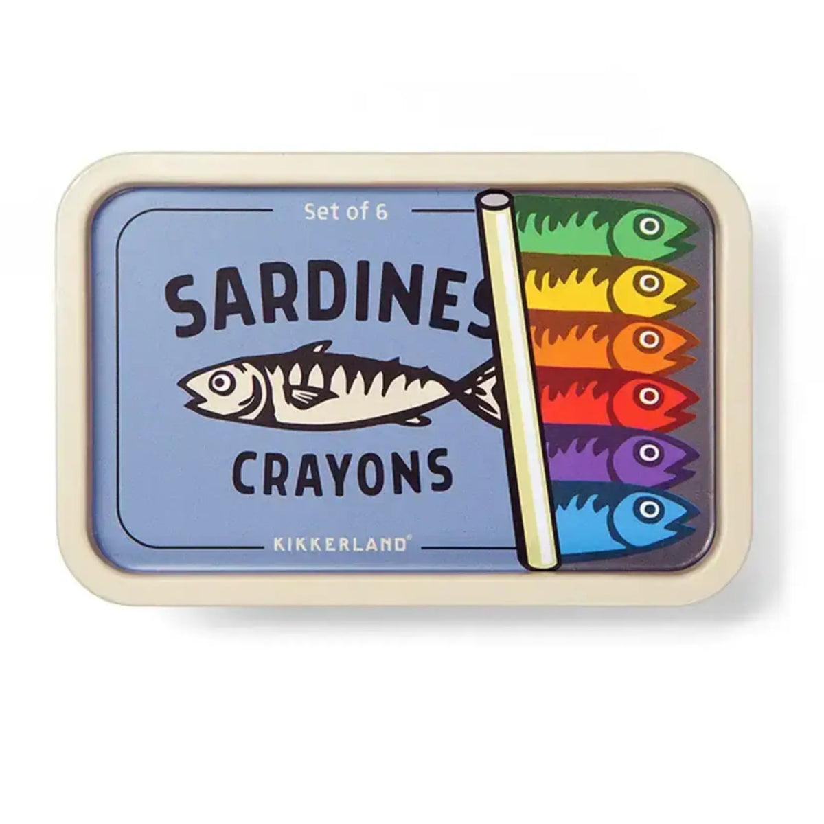 Set of 6 sardine-shaped crayons in a box with Kikkerland branding.
