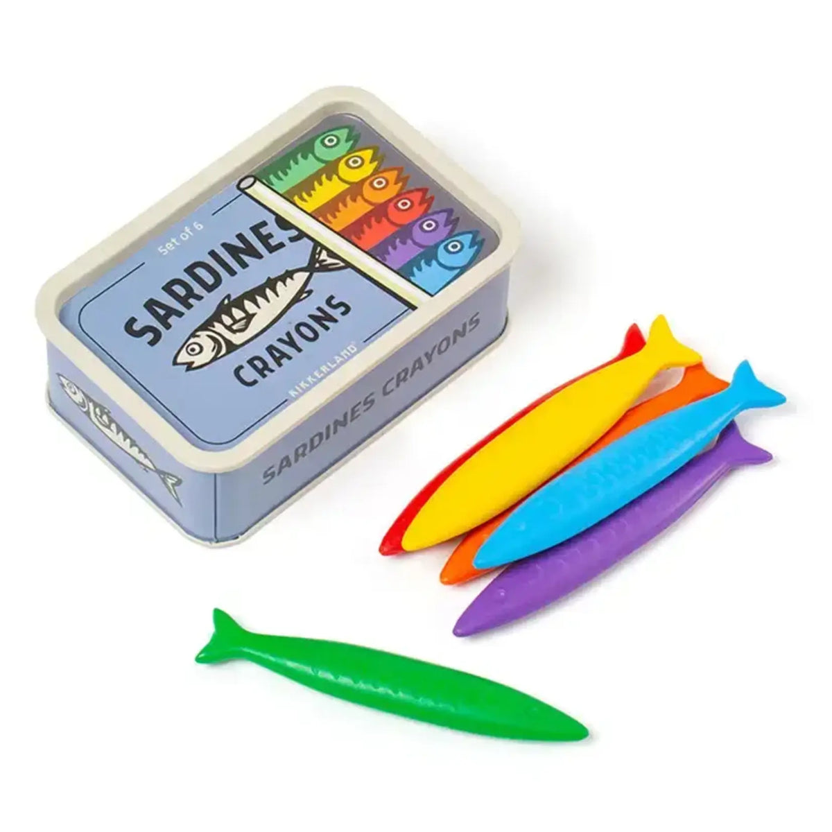 A tin of colorful fish-shaped crayons labeled 'Sardine Crayons' with several crayons in green, yellow, orange, blue, and purple arranged beside the tin on a white background.