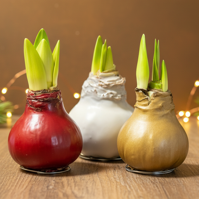 Three Wax Amaryllis bulbs in red, white, and gold on a wooden surface with a warm background.