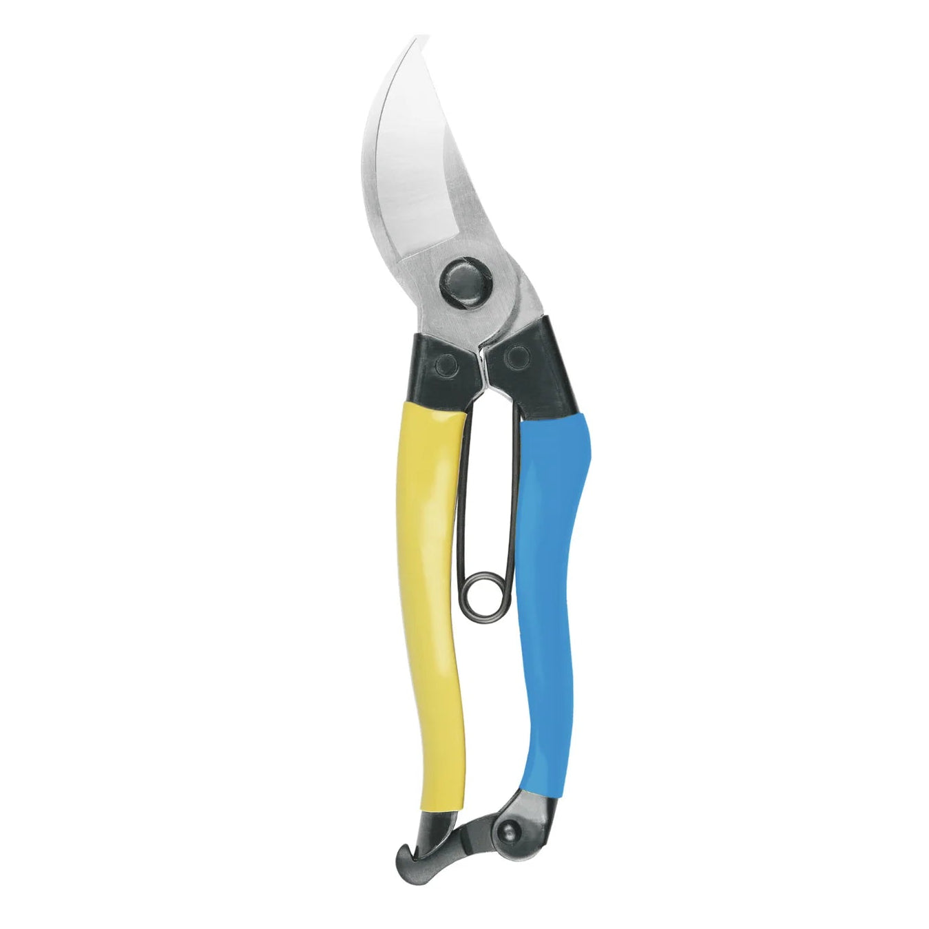 Niwaki left-handed gardening secateurs with yellow and blue handles on a white background.